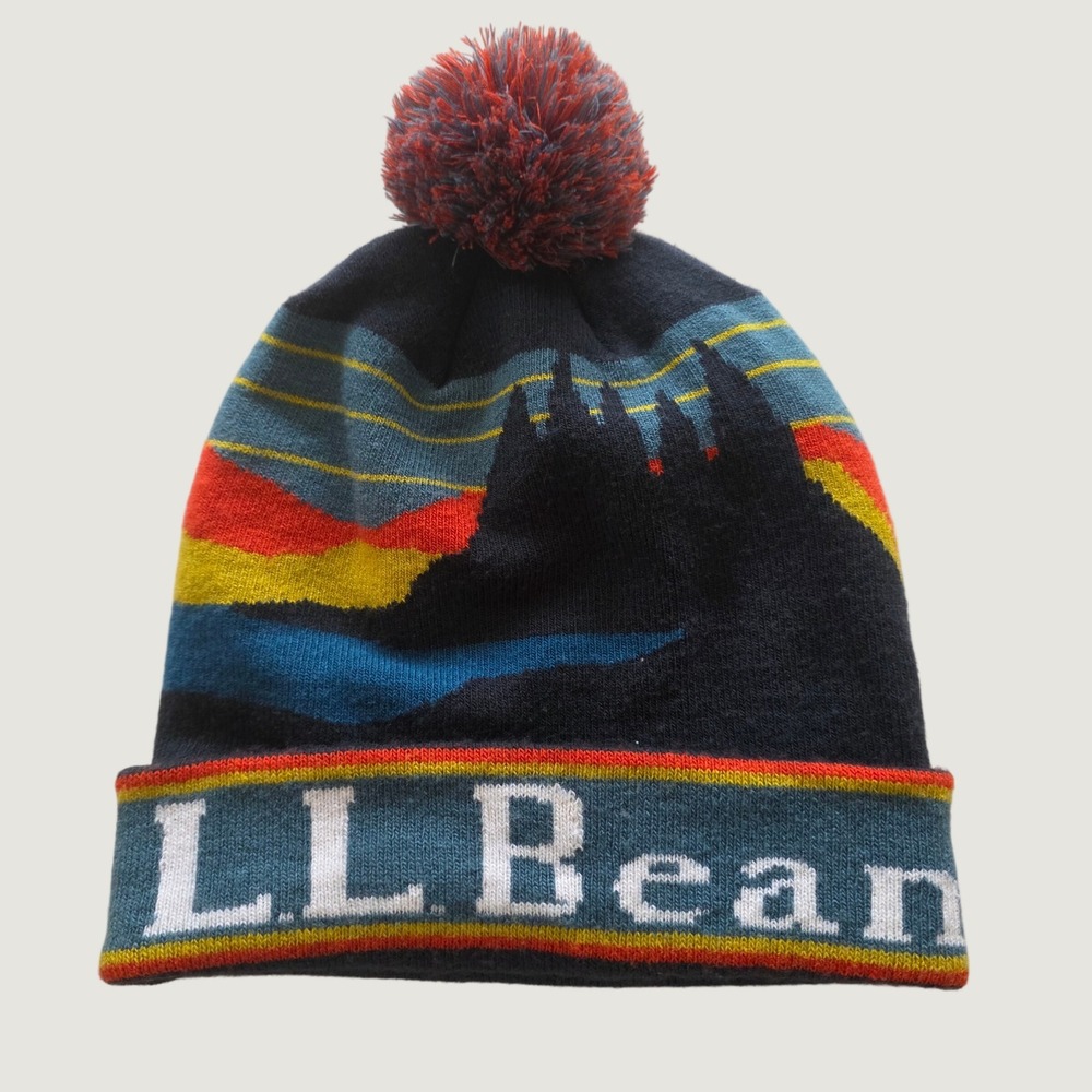LL Bean Beanie Pom Hat Mountain Landscape Sunset Vintage-Inspired Retro Unisex